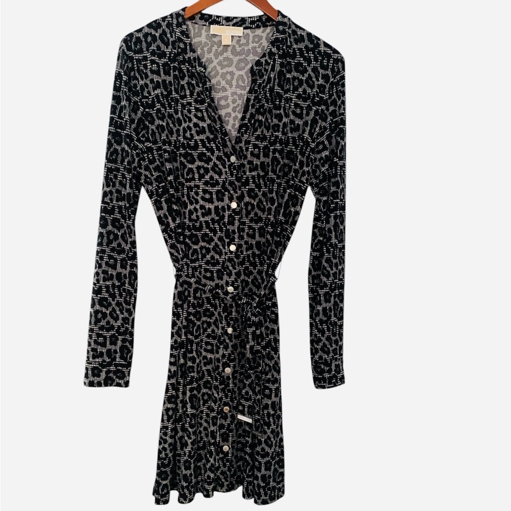 Michael Kors Black and Gray Animal Print Long Sleeve Dress Size XL